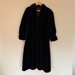 Vintage Monterey Fashions Womens Black Faux Mink Fur Coat Full Length USA Sz S